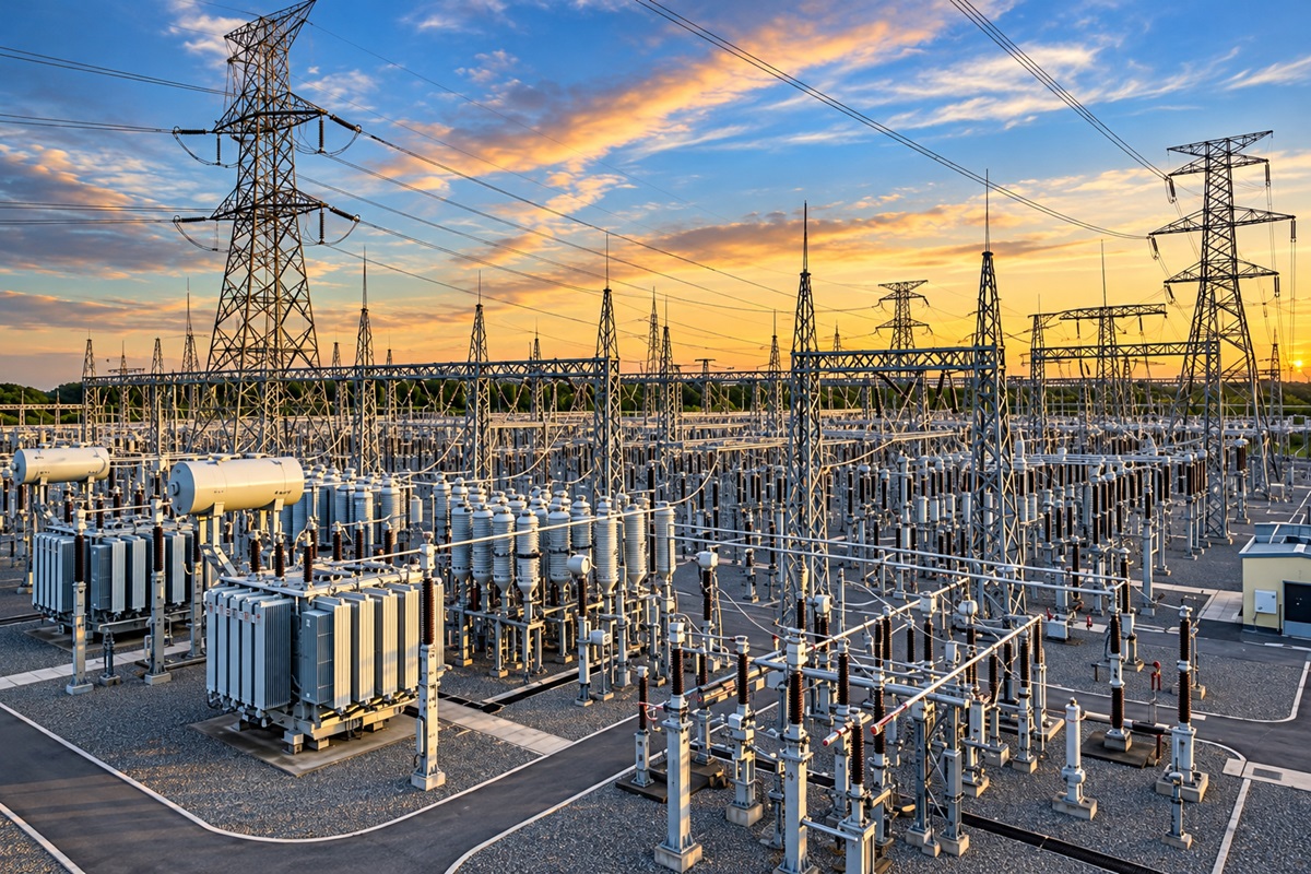 Electricity - Golden-Hour Power Substation - THEWILL NEWS MEDIA High-voltage substation with transformers and towering power lines at sunset, blue sky above.
