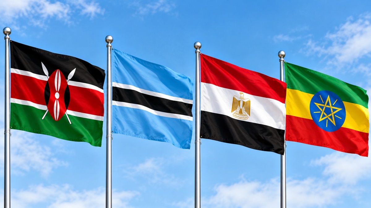 Flags of African Countries - THEWILL NEWS MEDIA Four national flags fluttering in the wind: Kenya, Botswana, Egypt, and Ethiopia against a blue sky.