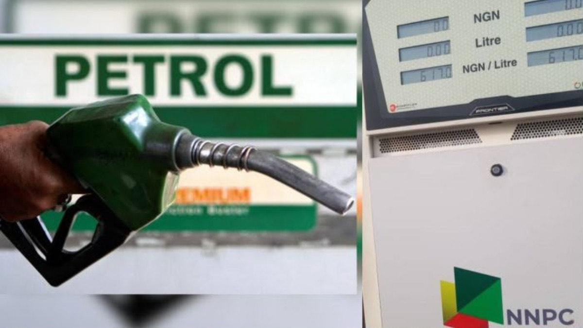 Fuel - Petrol - THEWILL NEWS MEDIA Green petrol nozzle held at a fuel pump with a large 'PETROL' sign in the background.