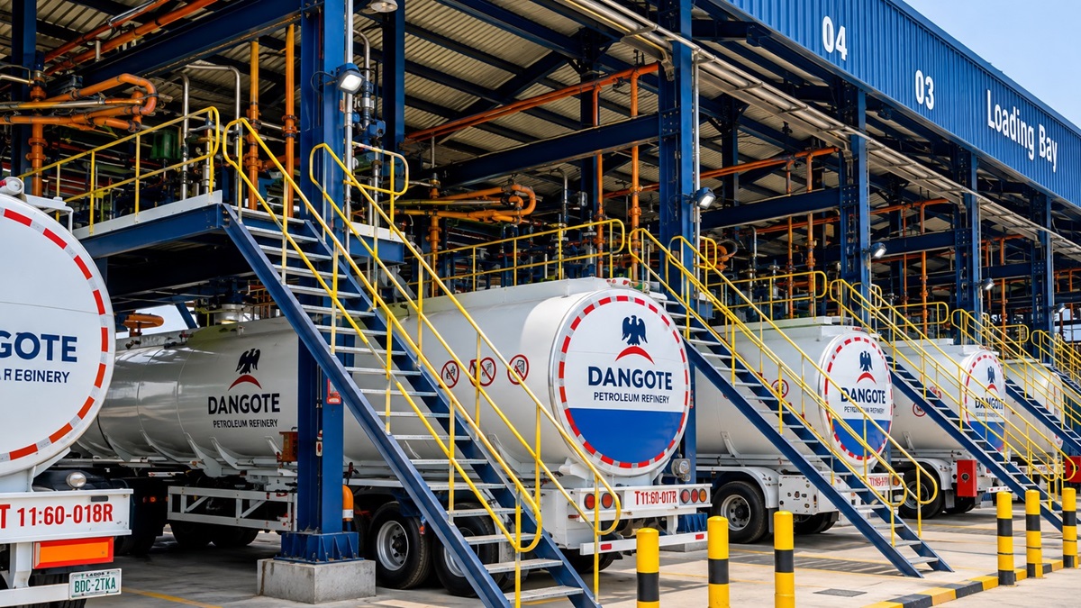 Fuel tanker trucks queue for petrol loading at the Dangote Petroleum Refinery in Lekki - THEWILL NEWS MEDIA Dangote Petroleum refinery tanker trucks parked under a blue loading platform with yellow stairs and rails.
