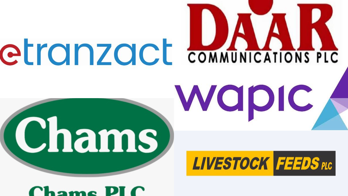 GAINERS - THEWILL NEWS MEDIA Collage of company logos: eTranzact, DAAR Communications PLC, Chams PLC, WAPIC, and Livestock Feeds PLC.