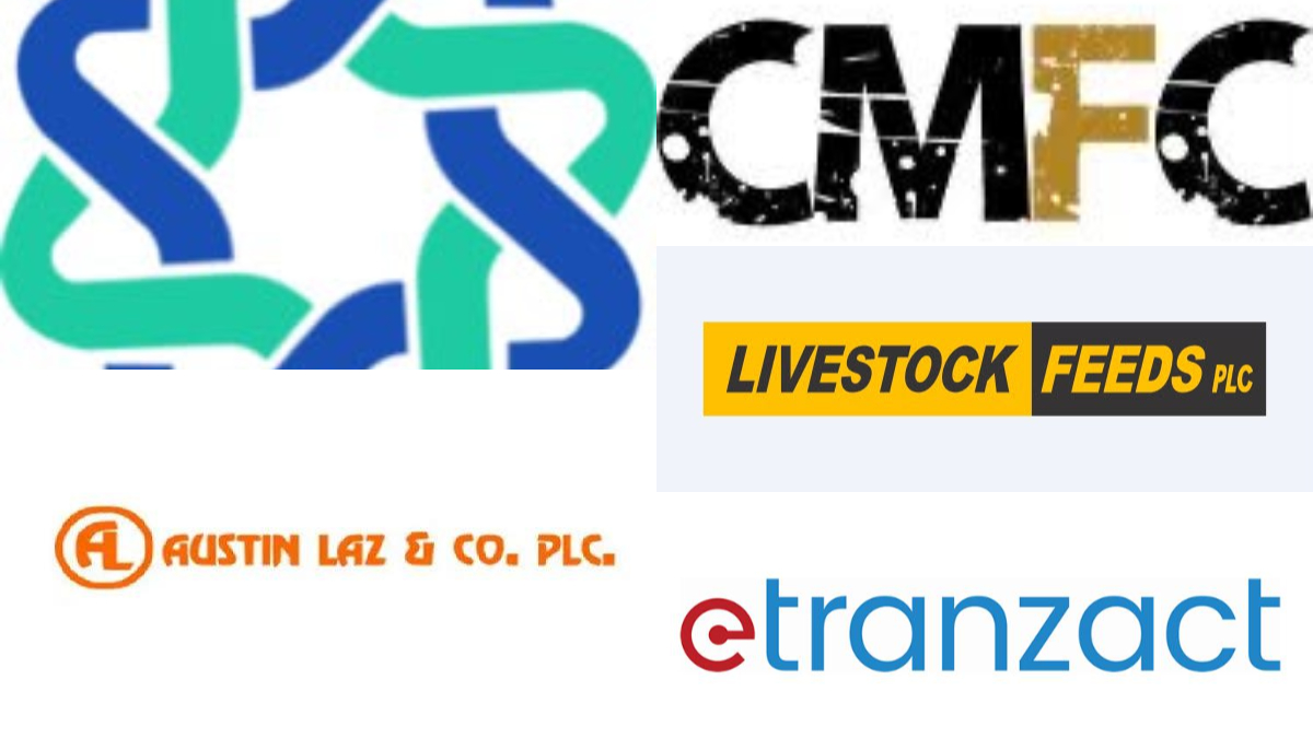 GAINERS - THEWILL NEWS MEDIA Collage of business logos: abstract blue and teal symbol, a distressed black logo, Livestock Feeds PLC, Austin Laz & Co. PLC (orange), and etranzact in blue text.