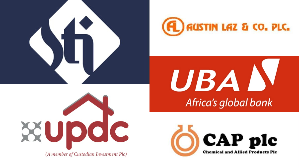 Gainers - THEWILL NEWS MEDIA Collage of six corporate logos: top-left blue diamond with white 'st' mark; top-right Austin Laz & Co. PLC; middle-right UBA Africa's global bank; bottom-left UPDC (Custodian Investment) logo with a house roof; bottom-right CAP plc logo.