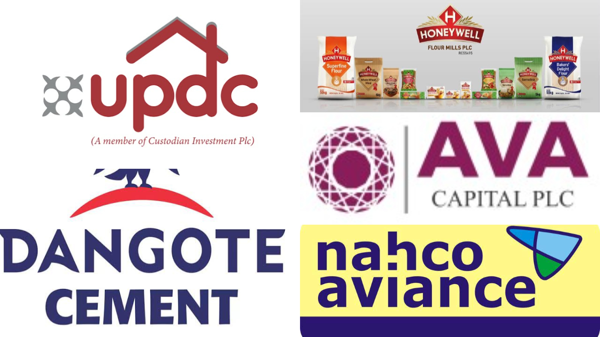 Gainers - THEWILL NEWS MEDIA Collage of logos from Nigerian brands: UPDC, Honeywell Flour Mills, AVA Capital, Dangote Cement, and Nahco Aviance.