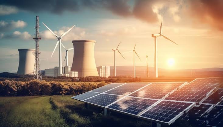 Solar - THEWILL NEWS MEDIA Solar panels in the foreground with wind turbines and an industrial plant under a sunset sky, illustrating renewable energy.