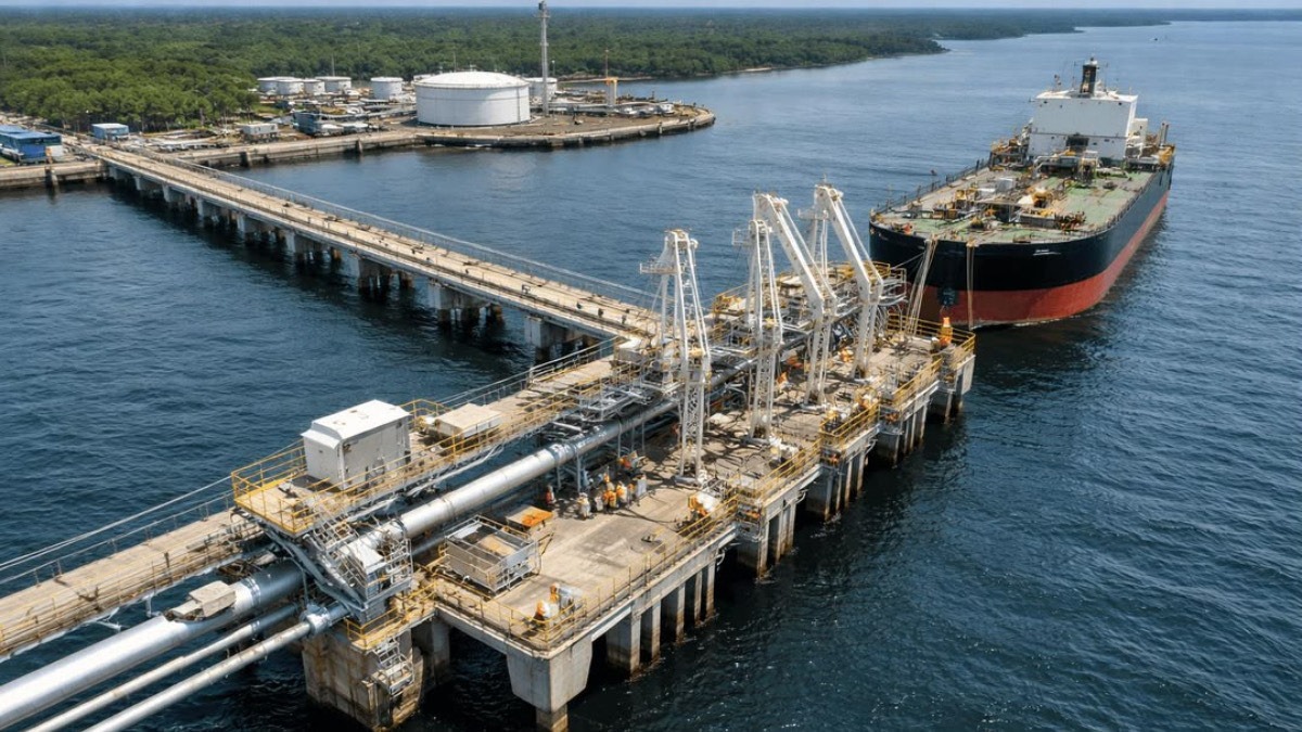 A representation of Investment in Oil and Gas - THEWILL NEWS MEDIA Oil loading terminal with a large cargo ship docked at the pier, cranes overhead, and long pipelines extending into the water surrounding the platform.