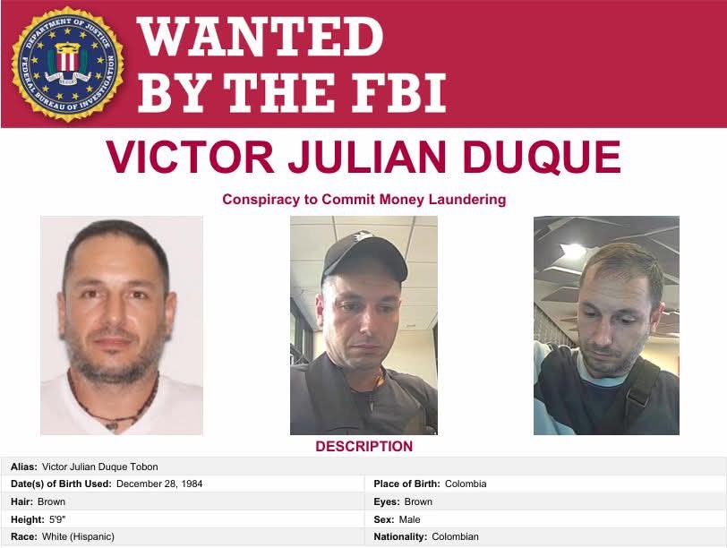 FBI wanted poster for Victor Julian Duque Tobon, three photos, alias listed, accusing conspiracy to commit money laundering.