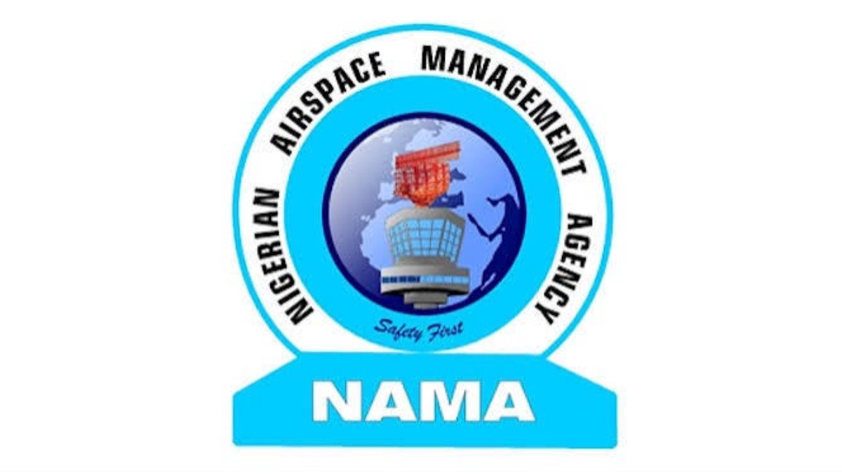 NAMA - THEWILL NEWS MEDIA NAMA logo: circular emblem with globe and control tower inside a blue ring, and a blue ribbon at the bottom reading'NAMA'.