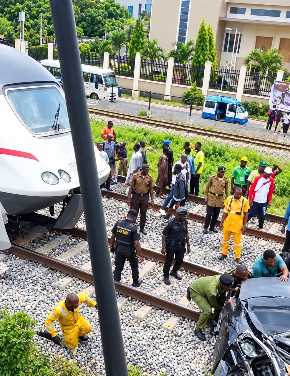 Lagos train Collide - THEWILL NEWS MEDIA Emergency responders and bystanders surround a derailed passenger train and a damaged car on the tracks.