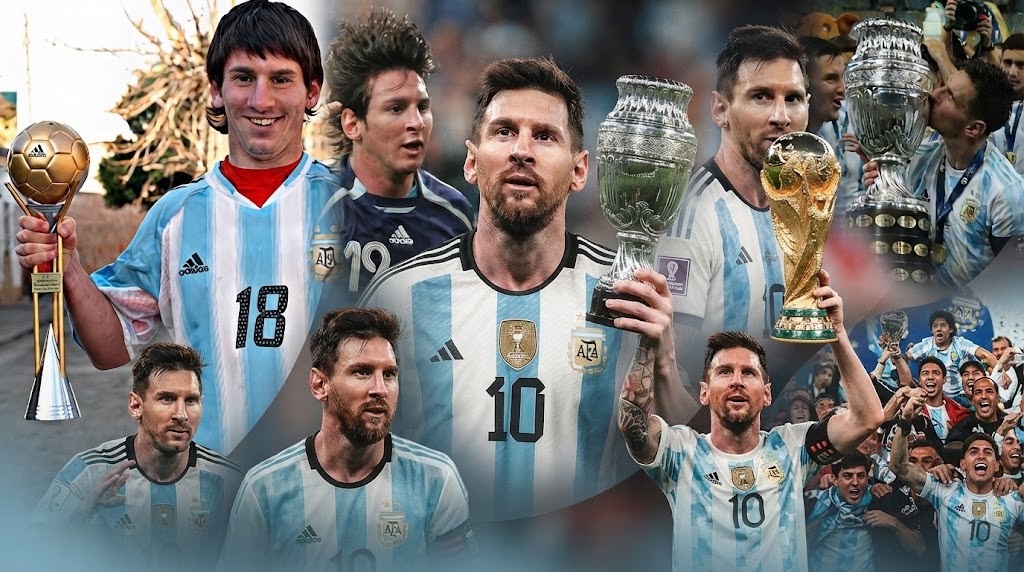 Messi Trophy - THEWILL NEWS MEDIA Collage of Argentine football players in light-blue and white jerseys celebrating with multiple trophies, conveying national team success.
