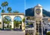 Split view: Paramount Pictures gate and palm trees on the left, and a Warner Bros water tower with a blue logo on the right.