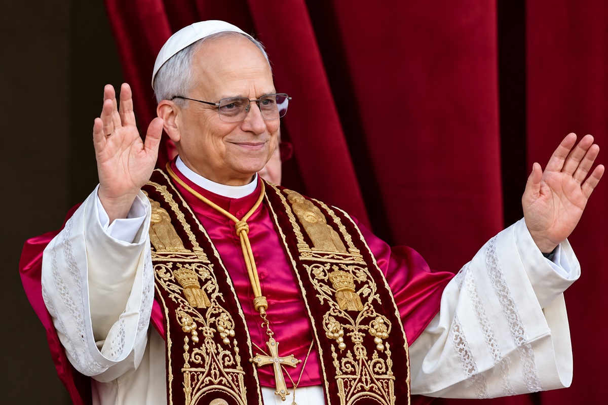 Pope Leo XIV - THEWILL NEWS MEDIA Pope in white zucchetto and gold-embroidered burgundy vestments blessing with both hands raised.