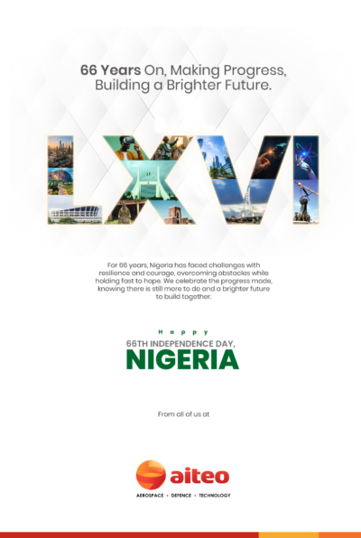 Commemorative poster for Nigeria’s 66th Independence Day; photo collage forms the word NIGERIA with a message about progress, plus Aiteo logo and tag line.