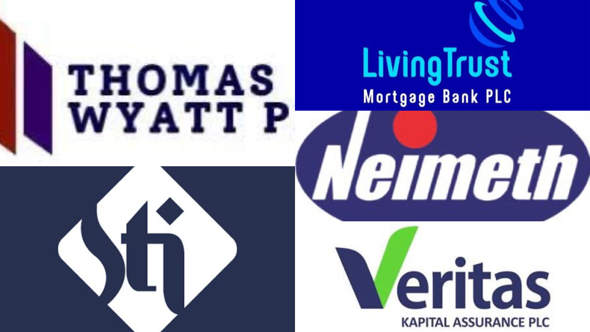 Top Decliners - THEWILL NEWS MEDIA Collage of five financial logos: Thomas Wyatt, LivingTrust Mortgage Bank PLC, Neimeth, a blue abstract mark, and Veritas Capital Assurance.