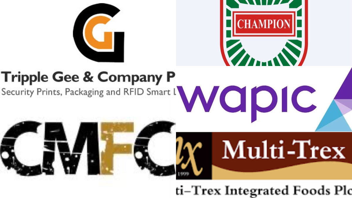 Top Gainers for session - THEWILL NEWS MEDIA Collage of multiple company logos including Triple Gee & Company, Champion, WAPIC, CMFcx, and Multi-Trex Foods.