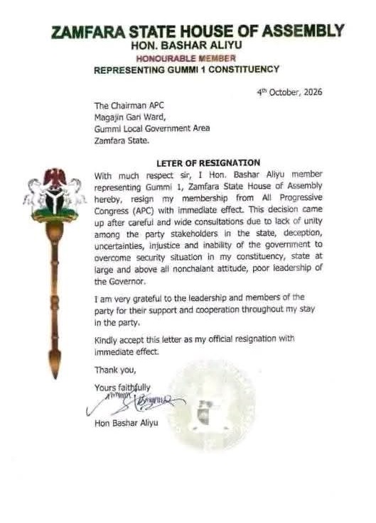 Zamfara State House of Assembly 1 - THEWILL NEWS MEDIA Resignation letter from Hon. Bashar Aliyu of Zamfara State House of Assembly, representing Gummi 1, dated 4 October 2025, with official seal and emblem.