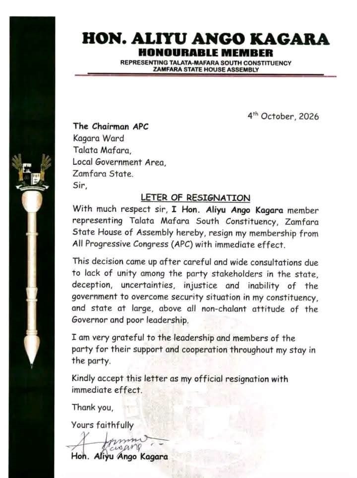 Zamfara State House of Assembly 2 - THEWILL NEWS MEDIA Formal resignation letter from Hon. Aliyu Ango Kagara, Honourable Member, Zamfara State House of Assembly, dated 4 October 2026.