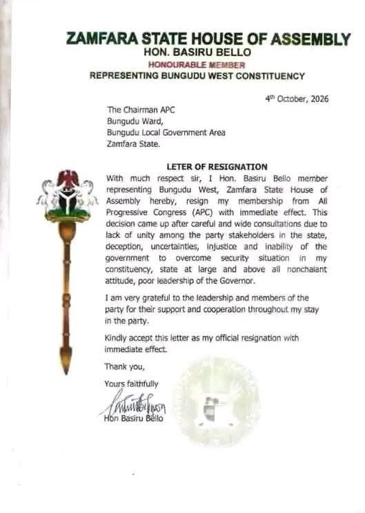 Zamfara State House of Assembly 3 - THEWILL NEWS MEDIA Official resignation letter from Hon. Basiru Bello, Zamfara State House of Assembly, dated 4 October 2026, with the state emblem on the left and a round stamp at the bottom right.