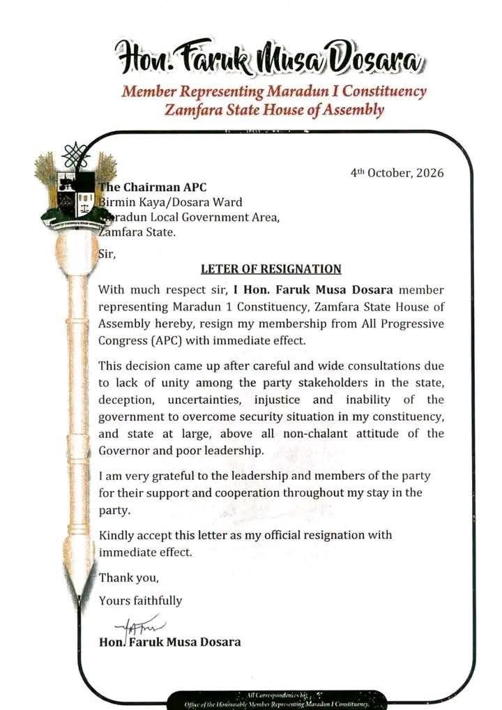 Zamfara State House of Assembly 4 - THEWILL NEWS MEDIA Resignation letter from Hon. Faruk Musa Dosara, Zamfara State House of Assembly, dated 4 October 2026, with a decorative quill border.