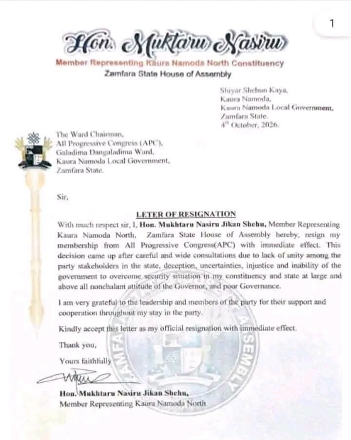 Zamfara State House of Assembly 5 - THEWILL NEWS MEDIA Official letter of resignation on an official-looking page with a seal, header, and handwritten signature.