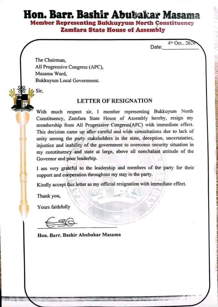 Zamfara State House of Assembly 6 - THEWILL NEWS MEDIA Formal resignation letter on official header, signed and dated 4 Oct 2020, from Hon. Bashir Abubakar Masama, Zamfara State House of Assembly.