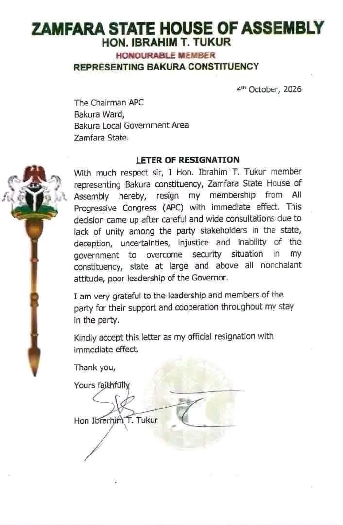 Zamfara State House of Assembly 7 - THEWILL NEWS MEDIA Resignation letter from Hon. Ibrahim T. Tukur, Zamfara State House of Assembly, dated 4 October 2026, with state emblem on the page.