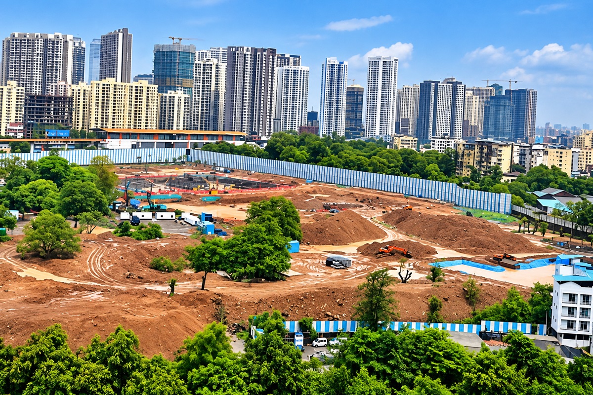 project site for the Amazon Web Services data centre in Thane - THEWILL NEWS MEDIA Construction site with dirt piles and heavy machinery, blue fence line, and a city skyline in the distance.